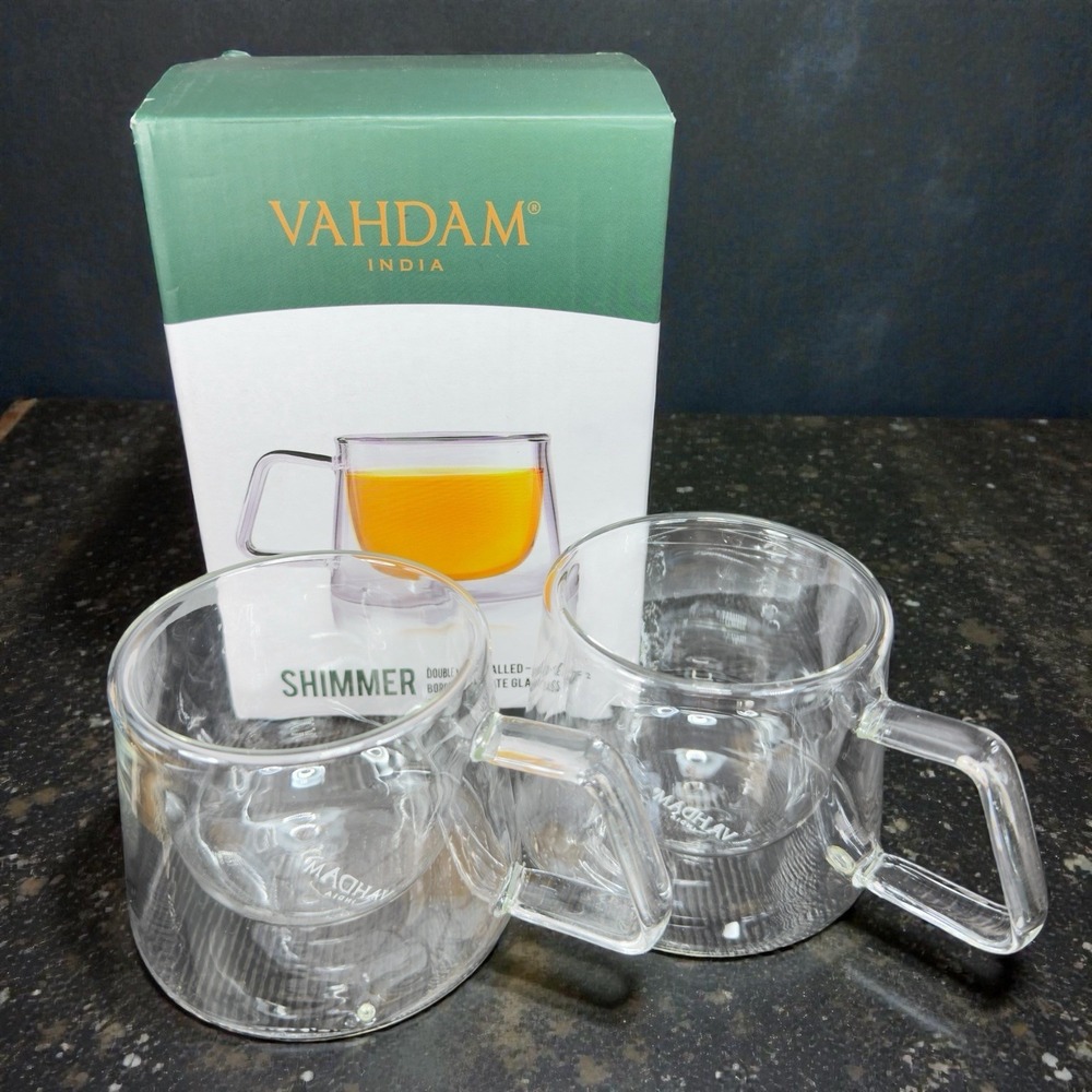 Vahdam‎ Shimmer Borosilicate Glass Double Walled Clear Mugs Cups Set 6.7oz New